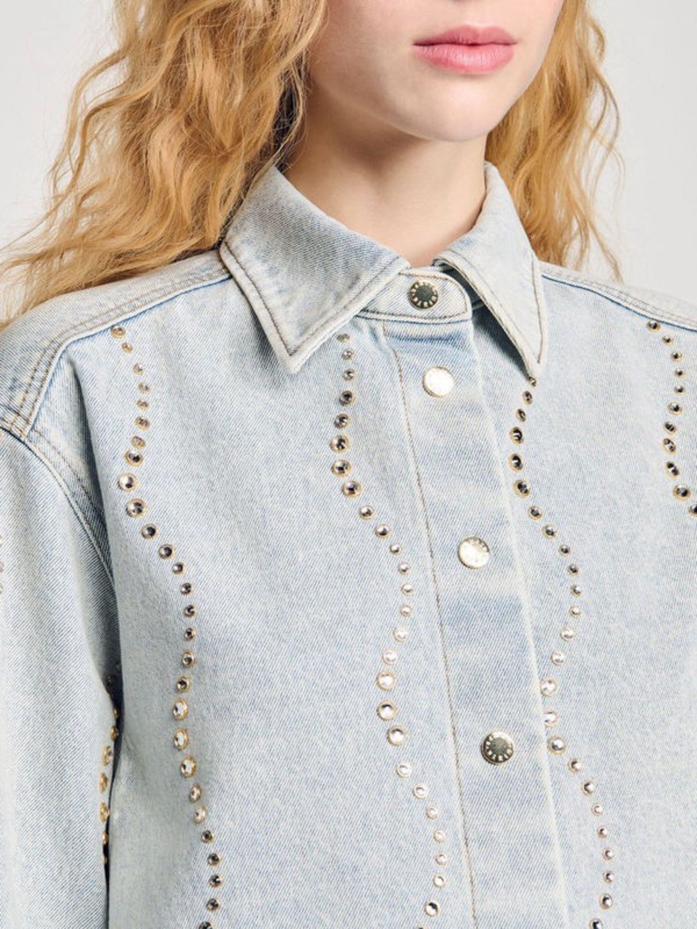 Sandro Light Blue Wave Crystal Studded Denim Button-Down Shirt Jacket Size Large
